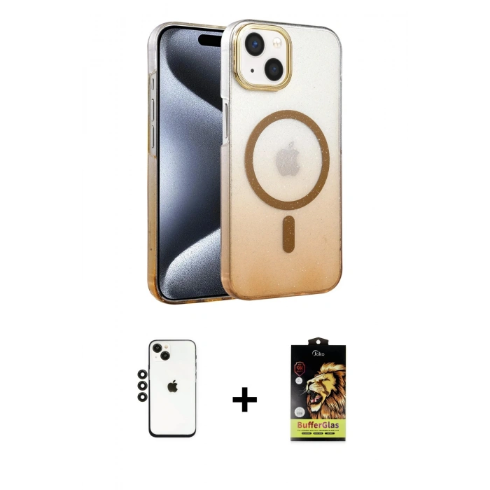 MARSİLYAN™- iPhone 14 Kılıf Ahenk Doku Özel Seri - Siyah Buffer Cam Ekran Koruyucu + Siyah Shine Kamera Lens