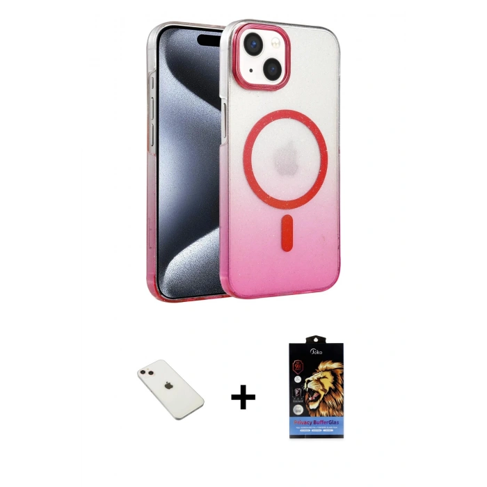 MARSİLYAN™- iPhone 14 Kılıf Ahenk Doku Özel Seri - Siyah Buffer Hayalet Cam Ekran Koruyucu + Diamond Kamera Lens - PE