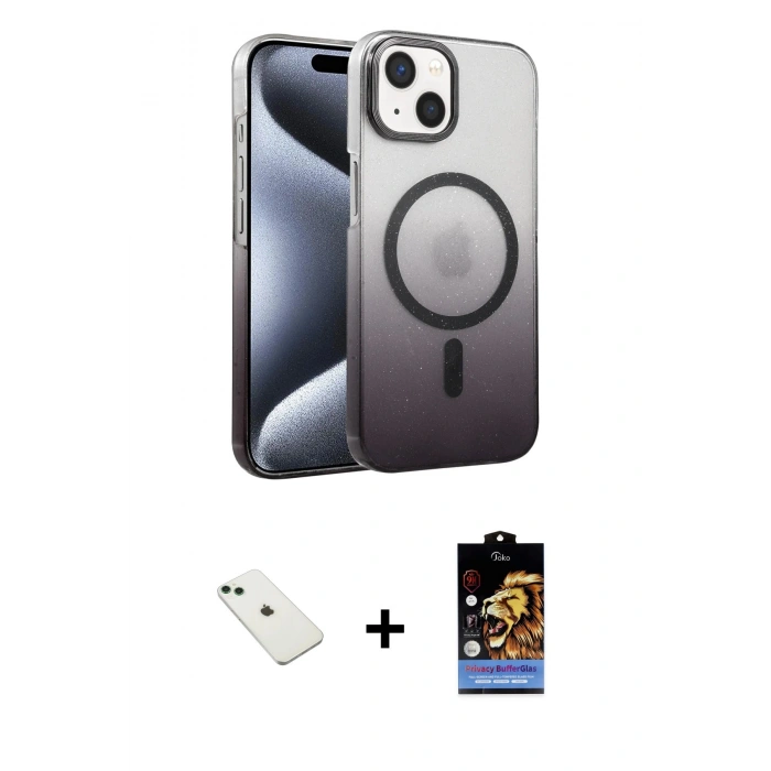 MARSİLYAN™- iPhone 14 Kılıf Ahenk Doku Özel Seri - Siyah Buffer Hayalet Cam Ekran Koruyucu + Diamond Kamera Lens - YL