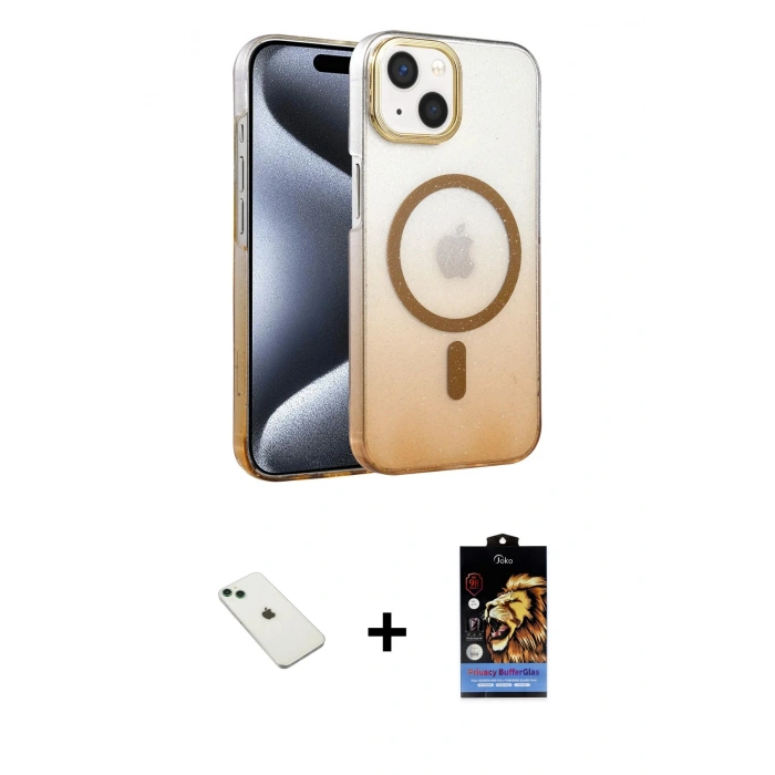 MARSİLYAN™- iPhone 14 Kılıf Ahenk Doku Özel Seri - Siyah Buffer Hayalet Cam Ekran Koruyucu + Diamond Kamera Lens - YL