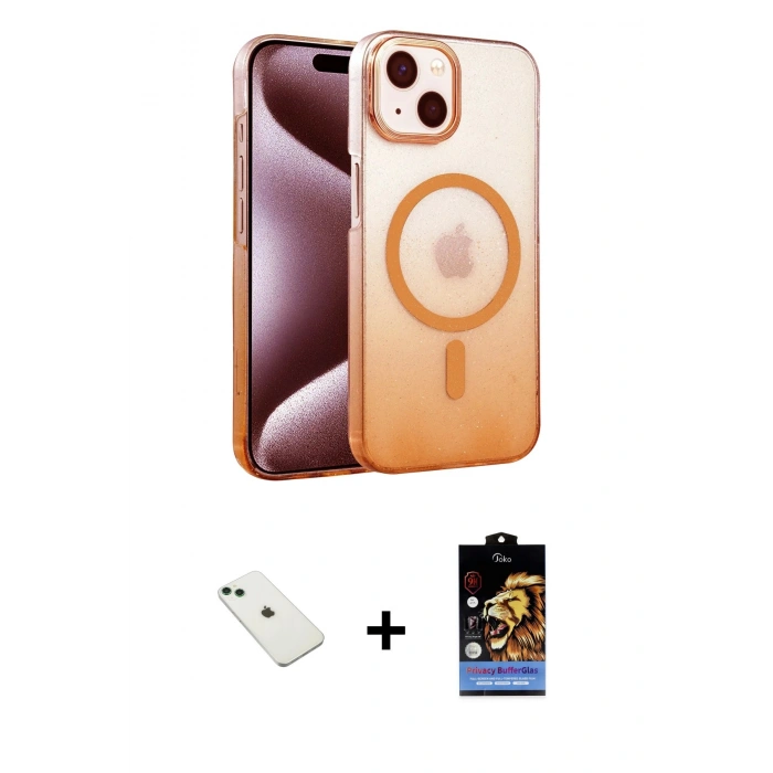 MARSİLYAN™- iPhone 14 Kılıf Ahenk Doku Özel Seri - Siyah Buffer Hayalet Cam Ekran Koruyucu + Diamond Kamera Lens - YL