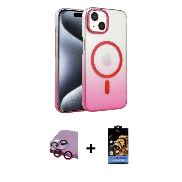 MARSİLYAN™- iPhone 14 Kılıf Ahenk Doku Özel Seri - Siyah Buffer Hayalet Cam Ekran Koruyucu + Raze Metal Kamera Lens - KI