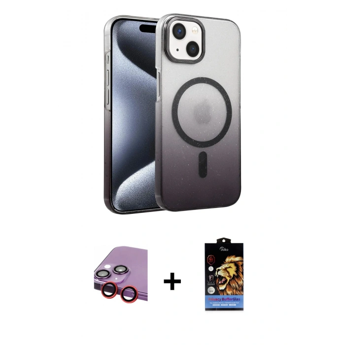 MARSİLYAN™- iPhone 14 Kılıf Ahenk Doku Özel Seri - Siyah Buffer Hayalet Cam Ekran Koruyucu + Raze Metal Kamera Lens - KI