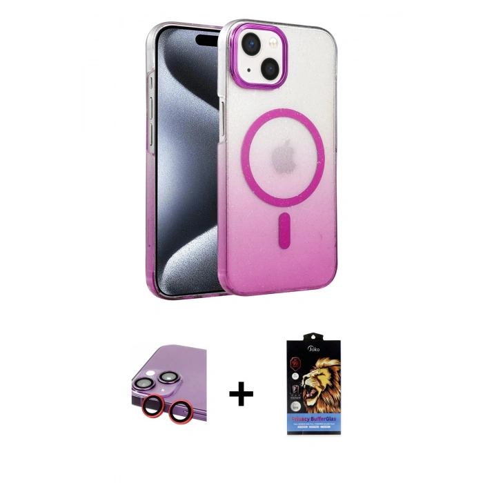 MARSİLYAN™- iPhone 14 Kılıf Ahenk Doku Özel Seri - Siyah Buffer Hayalet Cam Ekran Koruyucu + Raze Metal Kamera Lens - KI