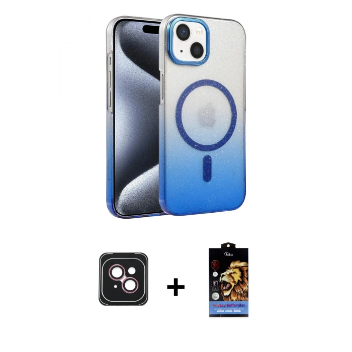 MARSİLYAN™- iPhone 14 Kılıf Ahenk Doku Özel Seri - Siyah Buffer Hayalet Cam Ekran Koruyucu + PVD Metal Kamera Lens - PE