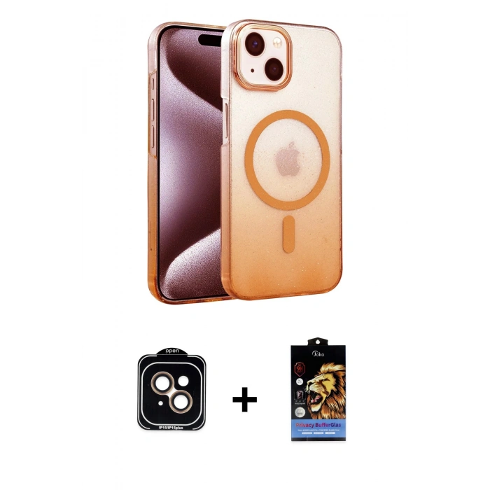 MARSİLYAN™- iPhone 14 Kılıf Ahenk Doku Özel Seri - Siyah Buffer Hayalet Cam Ekran Koruyucu + PVD Metal Kamera Lens - TU