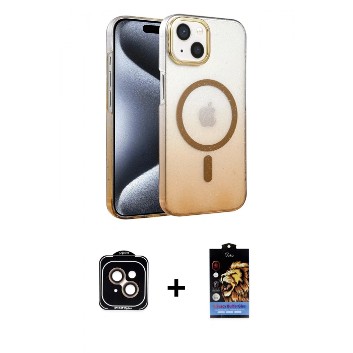MARSİLYAN™- iPhone 14 Kılıf Ahenk Doku Özel Seri - Siyah Buffer Hayalet Cam Ekran Koruyucu + PVD Metal Kamera Lens - TU