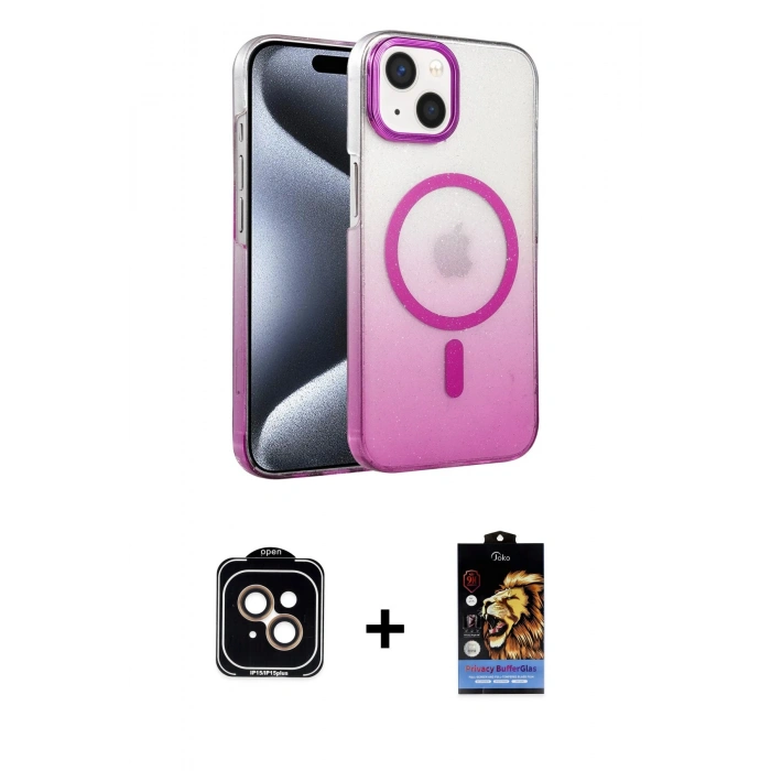 MARSİLYAN™- iPhone 14 Kılıf Ahenk Doku Özel Seri - Siyah Buffer Hayalet Cam Ekran Koruyucu + PVD Metal Kamera Lens - TU