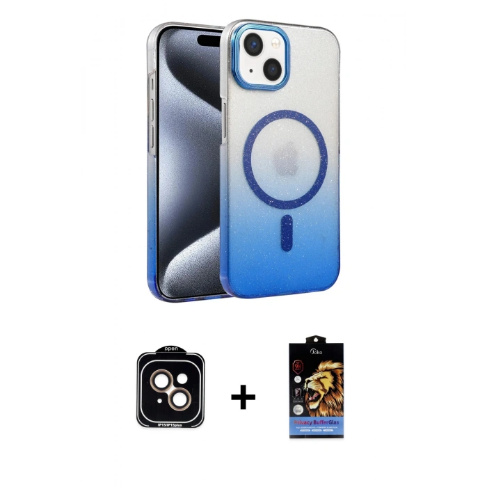 MARSİLYAN™- iPhone 14 Kılıf Ahenk Doku Özel Seri - Siyah Buffer Hayalet Cam Ekran Koruyucu + PVD Metal Kamera Lens - TU