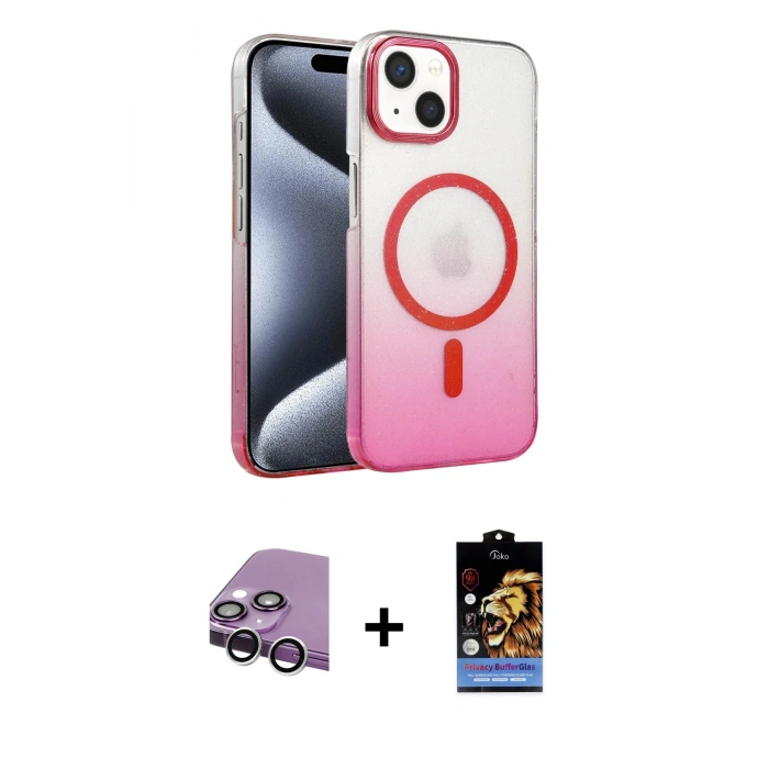 MARSİLYAN™- iPhone 14 Kılıf Ahenk Doku Özel Seri - Siyah Buffer Hayalet Cam Ekran Koruyucu + Raze Metal Kamera Lens - GS