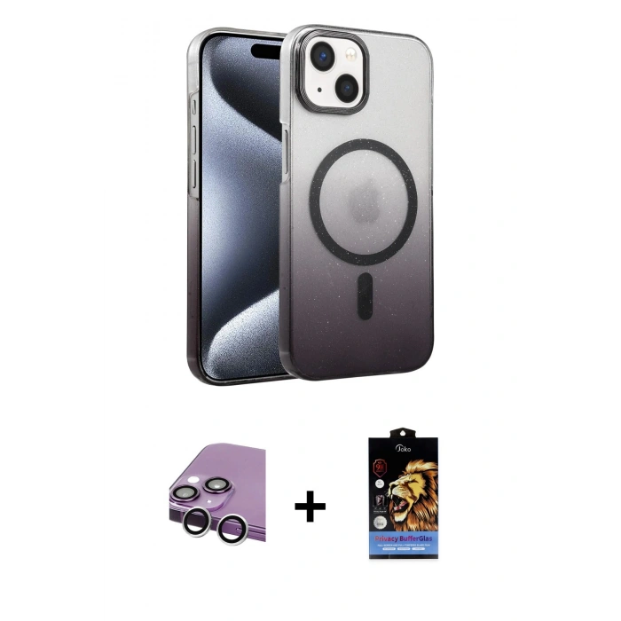 MARSİLYAN™- iPhone 14 Kılıf Ahenk Doku Özel Seri - Siyah Buffer Hayalet Cam Ekran Koruyucu + Raze Metal Kamera Lens - GS
