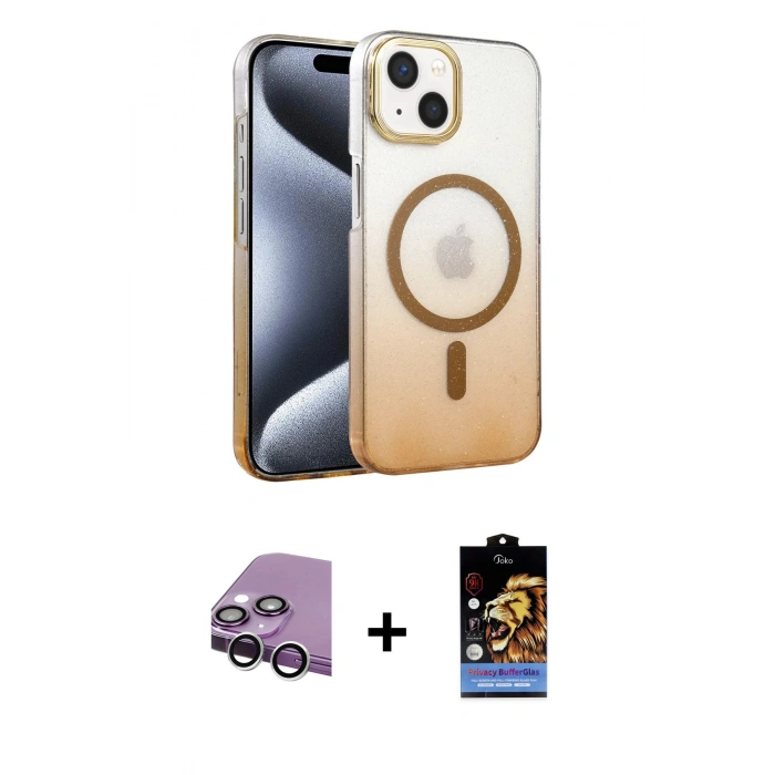 MARSİLYAN™- iPhone 14 Kılıf Ahenk Doku Özel Seri - Siyah Buffer Hayalet Cam Ekran Koruyucu + Raze Metal Kamera Lens - GS