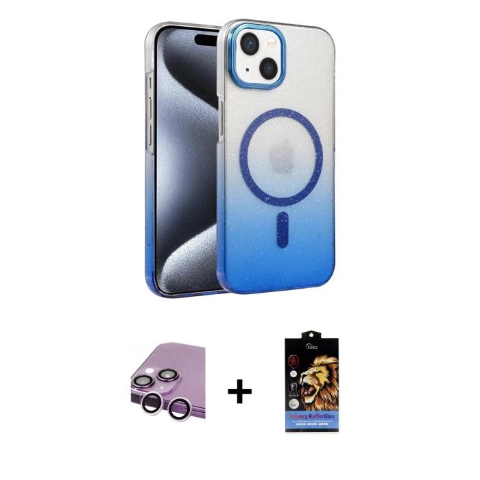 MARSİLYAN™- iPhone 14 Kılıf Ahenk Doku Özel Seri - Siyah Buffer Hayalet Cam Ekran Koruyucu + Raze Metal Kamera Lens - MR