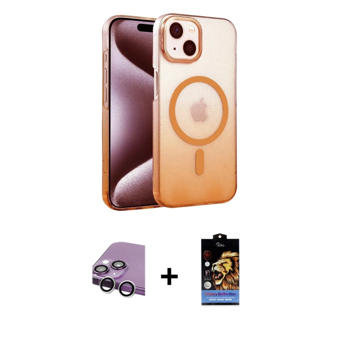 MARSİLYAN™- iPhone 14 Kılıf Ahenk Doku Özel Seri - Siyah Buffer Hayalet Cam Ekran Koruyucu + Raze Metal Kamera Lens - GS