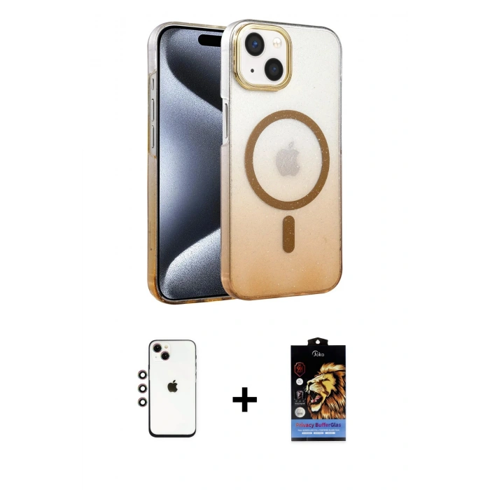 MARSİLYAN™- iPhone 14 Kılıf Ahenk Doku Özel Seri - Siyah Buffer Hayalet Cam Ekran Koruyucu + Shine Kamera Lens - GI