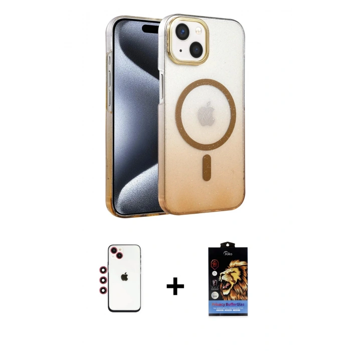 MARSİLYAN™- iPhone 14 Kılıf Ahenk Doku Özel Seri - Siyah Buffer Hayalet Cam Ekran Koruyucu + Shine Kamera Lens - KI
