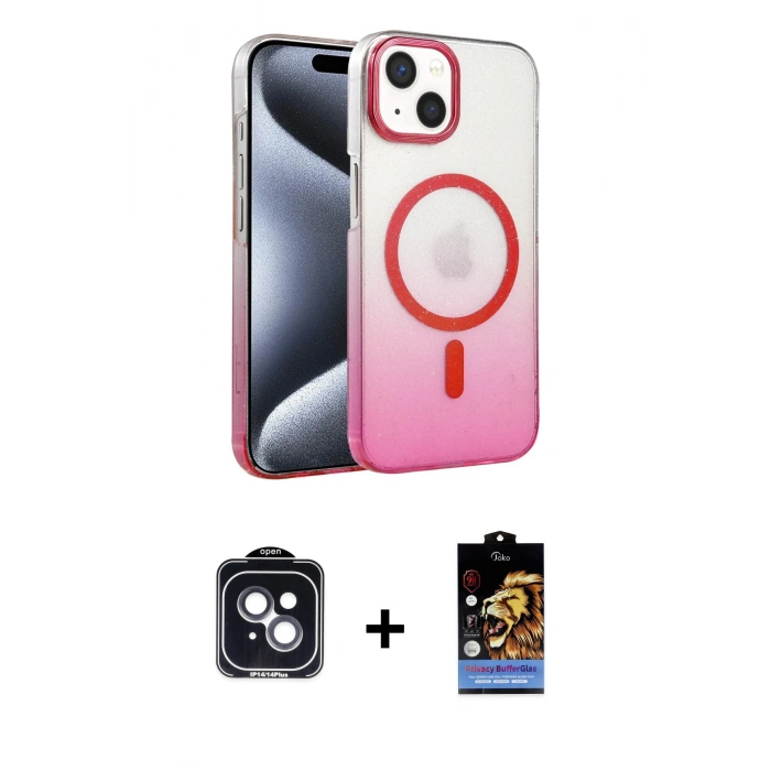 MARSİLYAN™- iPhone 14 Kılıf Ahenk Doku Özel Seri - Siyah Buffer Hayalet Cam Ekran Koruyucu + Siyah PVD Metal Kamera Lens