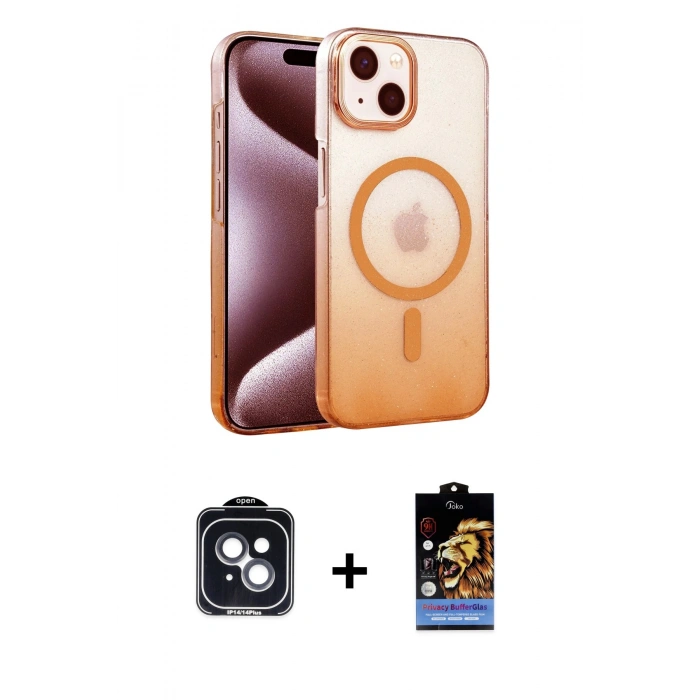 MARSİLYAN™- iPhone 14 Kılıf Ahenk Doku Özel Seri - Siyah Buffer Hayalet Cam Ekran Koruyucu + Siyah PVD Metal Kamera Lens
