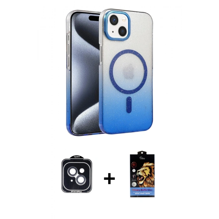 MARSİLYAN™- iPhone 14 Kılıf Ahenk Doku Özel Seri - Siyah Buffer Hayalet Cam Ekran Koruyucu + Siyah PVD Metal Kamera Lens