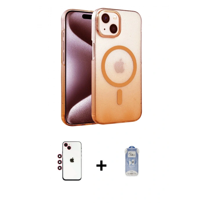 MARSİLYAN™- iPhone 14 Kılıf Ahenk Doku Özel Seri - Siyah Joko Magic 5D Cam + Kırmızı Shine Kamera Lens