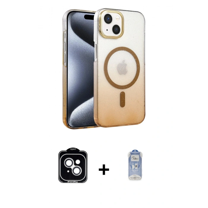MARSİLYAN™- iPhone 14 Kılıf Ahenk Doku Özel Seri - Siyah Joko Magic 5D Cam + PVD Metal Kamera Lens - GS
