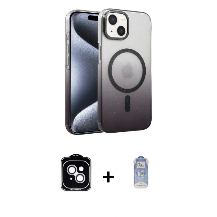 MARSİLYAN™- iPhone 14 Kılıf Ahenk Doku Özel Seri - Siyah Joko Magic 5D Cam + PVD Metal Kamera Lens - GS