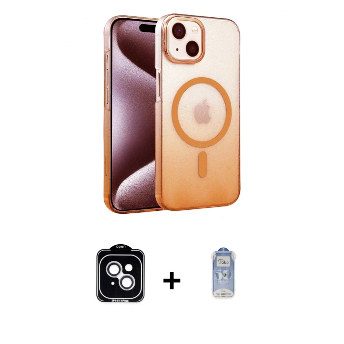 MARSİLYAN™- iPhone 14 Kılıf Ahenk Doku Özel Seri - Siyah Joko Magic 5D Cam + PVD Metal Kamera Lens - GS