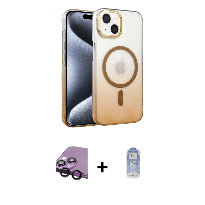 MARSİLYAN™- iPhone 14 Kılıf Ahenk Doku Özel Seri - Siyah Joko Magic 5D Cam + Raze Metal Kamera Lens - SH