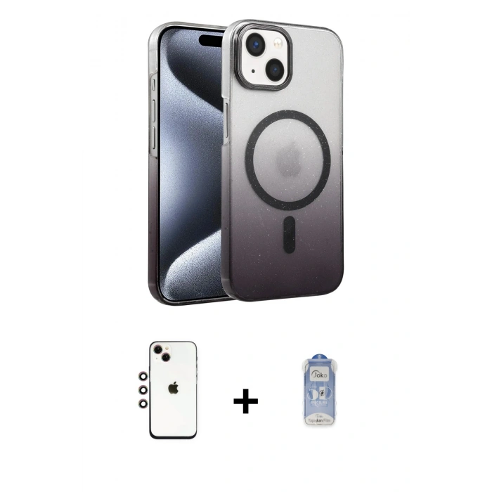 MARSİLYAN™- iPhone 14 Kılıf Ahenk Doku Özel Seri - Siyah Joko Magic 5D Cam + Shine Kamera Lens - GI