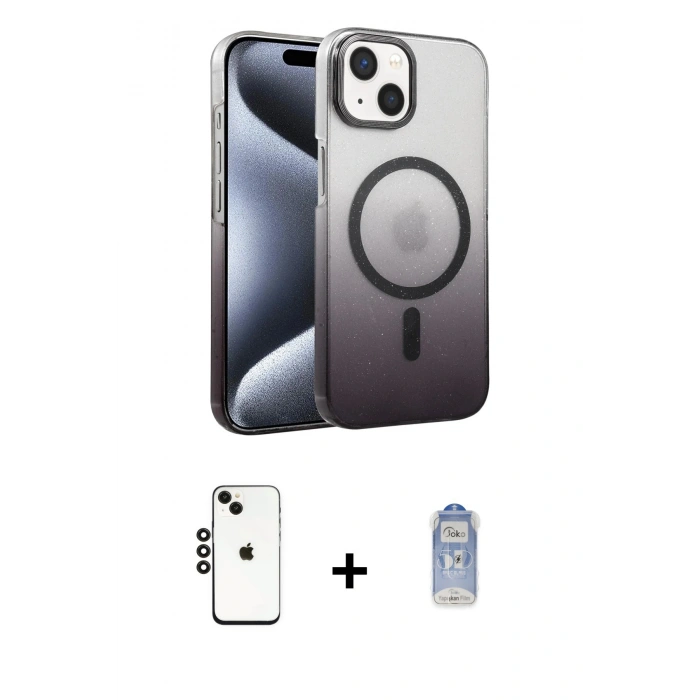 MARSİLYAN™- iPhone 14 Kılıf Ahenk Doku Özel Seri - Siyah Joko Magic 5D Cam + Shine Kamera Lens - SH