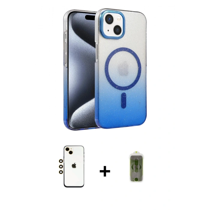 MARSİLYAN™- iPhone 14 Kılıf Ahenk Doku Özel Seri - Siyah Joko Magic 5D Hayalet Cam + Gold Shine Kamera Lens
