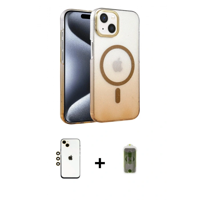 MARSİLYAN™- iPhone 14 Kılıf Ahenk Doku Özel Seri - Siyah Joko Magic 5D Hayalet Cam + Gold Shine Kamera Lens