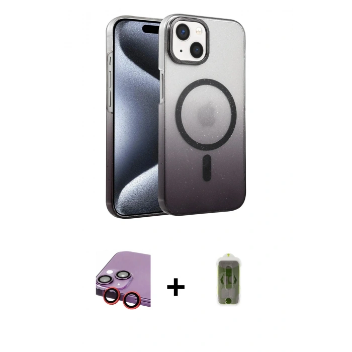 MARSİLYAN™- iPhone 14 Kılıf Ahenk Doku Özel Seri - Siyah Joko Magic 5D Hayalet Cam + Raze Metal Kamera Lens - KI