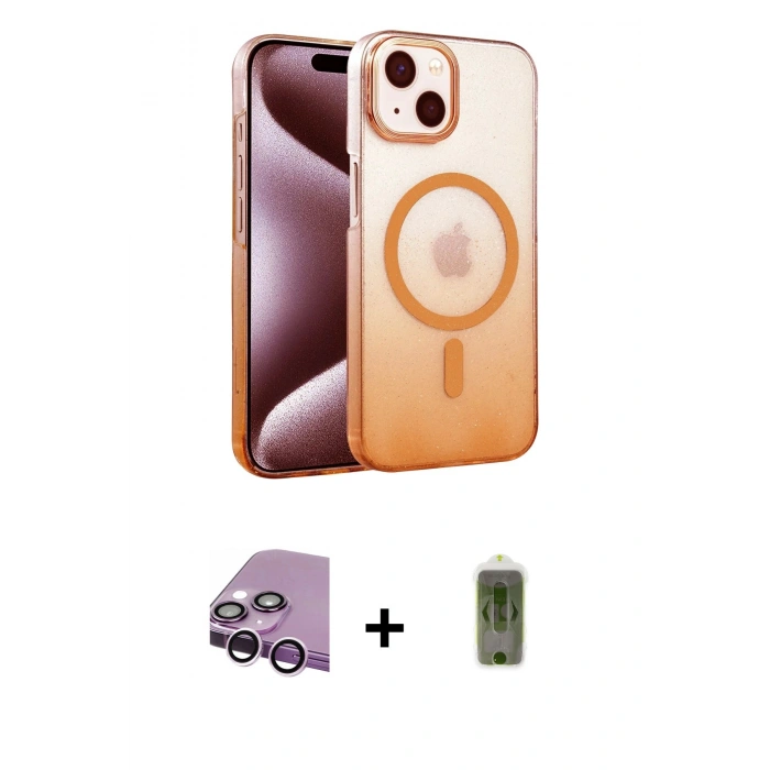 MARSİLYAN™- iPhone 14 Kılıf Ahenk Doku Özel Seri - Siyah Joko Magic 5D Hayalet Cam + Mor Raze Metal Kamera Lens
