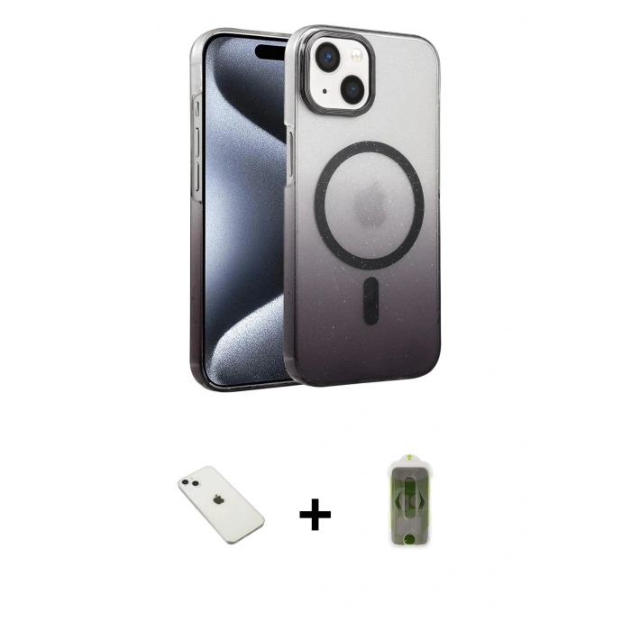 MARSİLYAN™- iPhone 14 Kılıf Ahenk Doku Özel Seri - Siyah Joko Magic 5D Hayalet Cam + Sierra Blue Diamond Kamera Lens