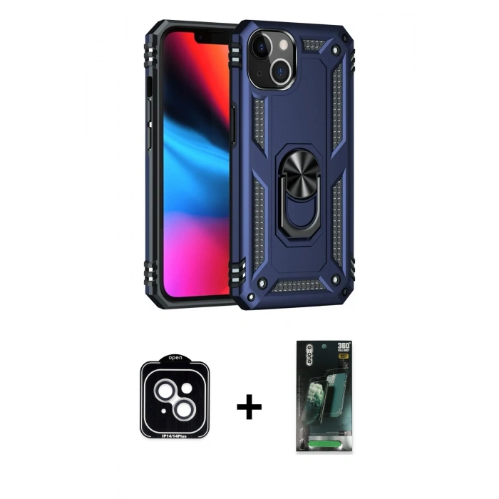 MARSİLYAN™- iPhone 14 Kılıf Ahenk Klasik Koleksiyonu - Şeffaf 360 Full Body Arka Koruyucu + PVD Metal Kamera Lens - GS
