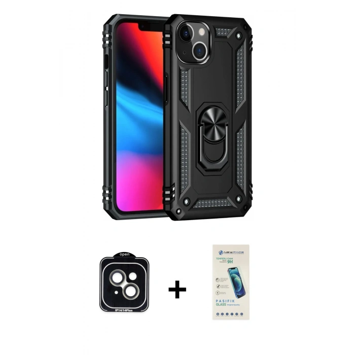 MARSİLYAN™- iPhone 14 Kılıf Ahenk Klasik Koleksiyonu - Şeffaf Pasifik Cam Ekran Koruyucu + PVD Metal Kamera Lens - YL