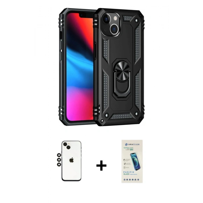 MARSİLYAN™- iPhone 14 Kılıf Ahenk Klasik Koleksiyonu - Şeffaf Pasifik Cam Ekran Koruyucu + Shine Kamera Lens - SH
