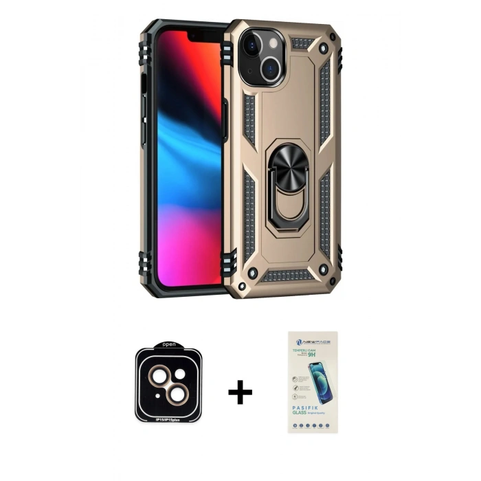 MARSİLYAN™- iPhone 14 Kılıf Ahenk Klasik Koleksiyonu - Şeffaf Pasifik Cam Ekran Koruyucu + PVD Metal Kamera Lens - TU