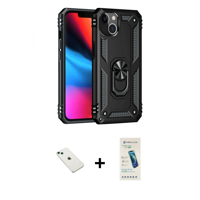 MARSİLYAN™- iPhone 14 Kılıf Ahenk Klasik Koleksiyonu - Şeffaf Pasifik Cam Ekran Koruyucu + Diamond Kamera Lens - YL