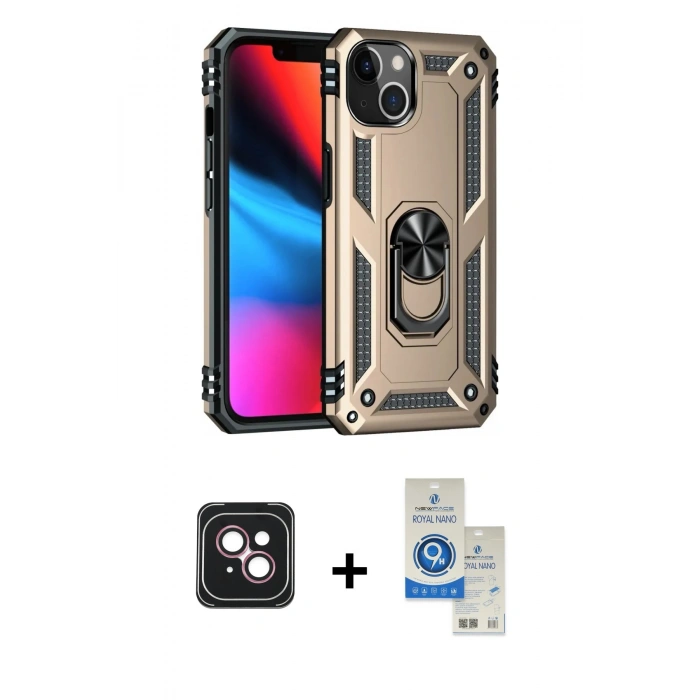 MARSİLYAN™- iPhone 14 Kılıf Ahenk Klasik Koleksiyonu - Şeffaf Royal Nano Ekran Koruyucu + PVD Metal Kamera Lens - PE