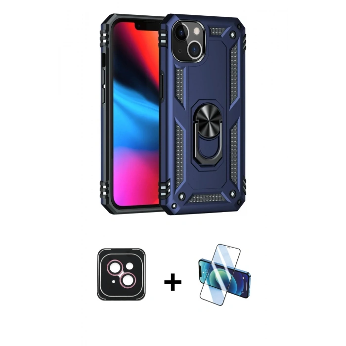 MARSİLYAN™- iPhone 14 Kılıf Ahenk Klasik Koleksiyonu - Siyah 3D Antistatik Cam Ekran Koruyucu + PVD Metal Kamera Lens - PE
