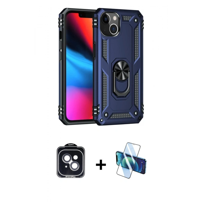 MARSİLYAN™- iPhone 14 Kılıf Ahenk Klasik Koleksiyonu - Siyah 3D Antistatik Cam Ekran Koruyucu + PVD Metal Kamera Lens - SH