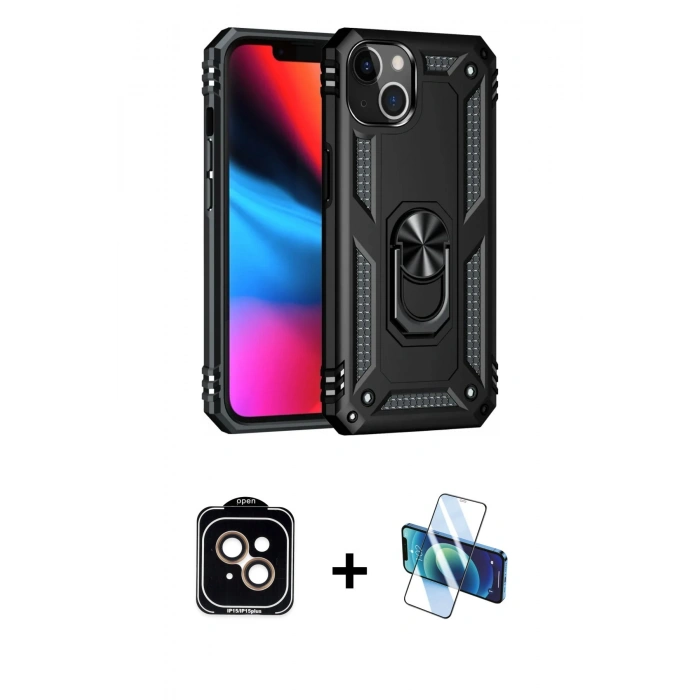 MARSİLYAN™- iPhone 14 Kılıf Ahenk Klasik Koleksiyonu - Siyah 3D Antistatik Cam Ekran Koruyucu + PVD Metal Kamera Lens - TU