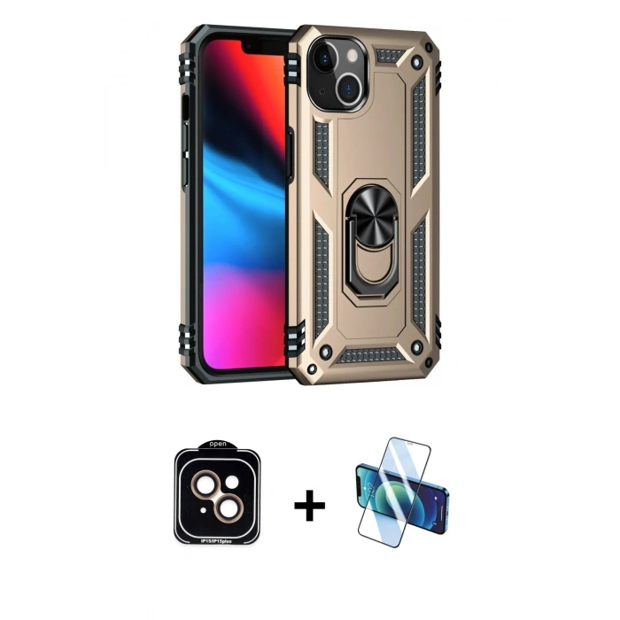 MARSİLYAN™- iPhone 14 Kılıf Ahenk Klasik Koleksiyonu - Siyah 3D Antistatik Cam Ekran Koruyucu + PVD Metal Kamera Lens - TU