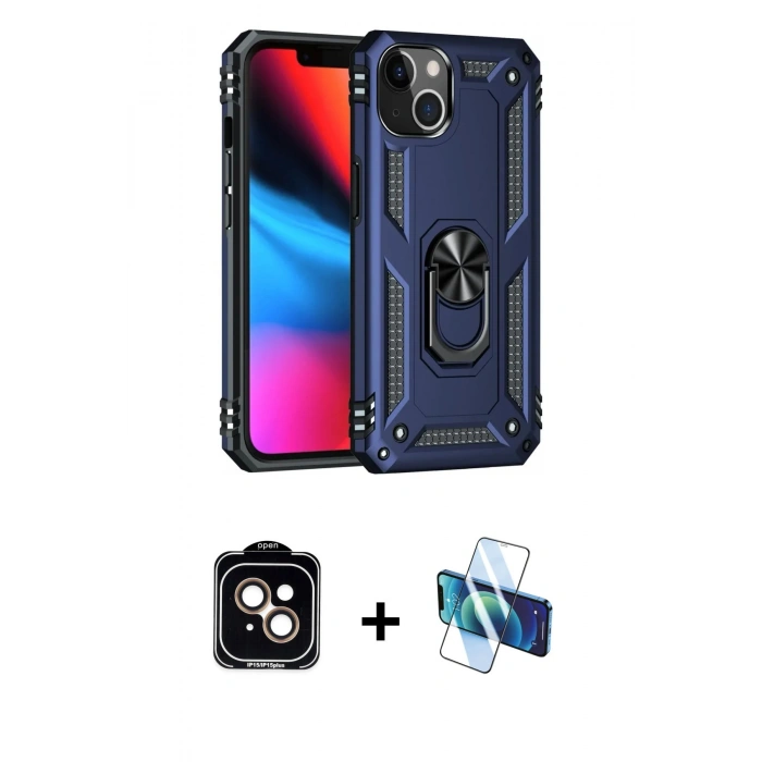MARSİLYAN™- iPhone 14 Kılıf Ahenk Klasik Koleksiyonu - Siyah 3D Antistatik Cam Ekran Koruyucu + PVD Metal Kamera Lens - TU