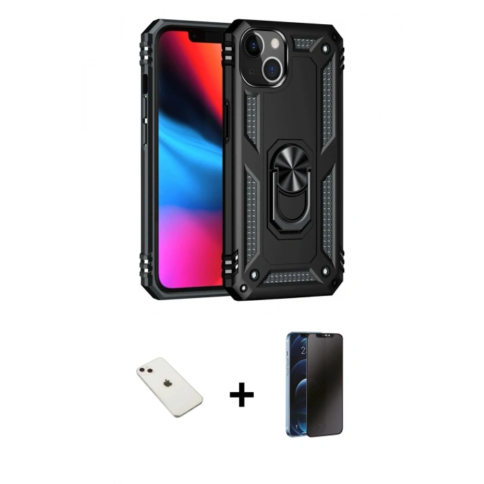 MARSİLYAN™- iPhone 14 Kılıf Ahenk Klasik Koleksiyonu - Siyah 3D Antistatik Hayalet Cam Ekran Koruyucu + Diamond Kamera Lens - PE