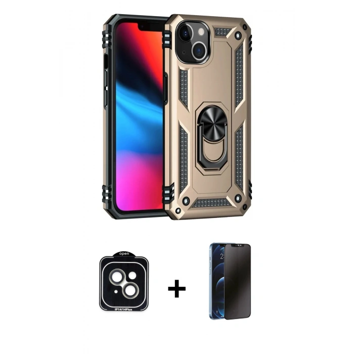 MARSİLYAN™- iPhone 14 Kılıf Ahenk Klasik Koleksiyonu - Siyah 3D Antistatik Hayalet Cam Ekran Koruyucu + PVD Metal Kamera Lens - YL
