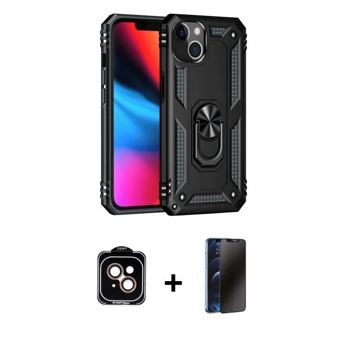 MARSİLYAN™- iPhone 14 Kılıf Ahenk Klasik Koleksiyonu - Siyah 3D Antistatik Hayalet Cam Ekran Koruyucu + PVD Metal Kamera Lens - TU