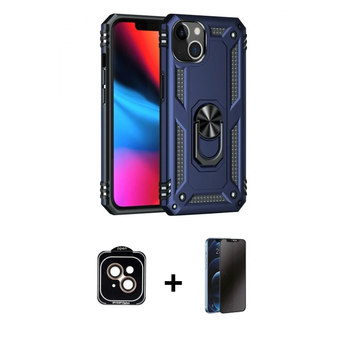 MARSİLYAN™- iPhone 14 Kılıf Ahenk Klasik Koleksiyonu - Siyah 3D Antistatik Hayalet Cam Ekran Koruyucu + PVD Metal Kamera Lens - TU